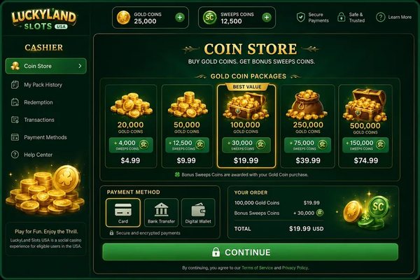 LuckyLand Slots Gold Coin store packages and bonus tiers