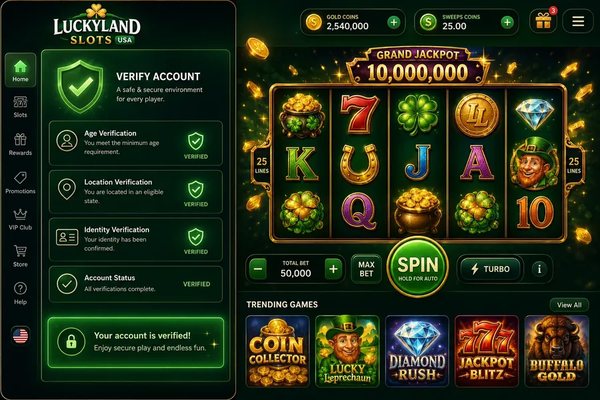 LuckyLand Slots account verification and jackpot screen